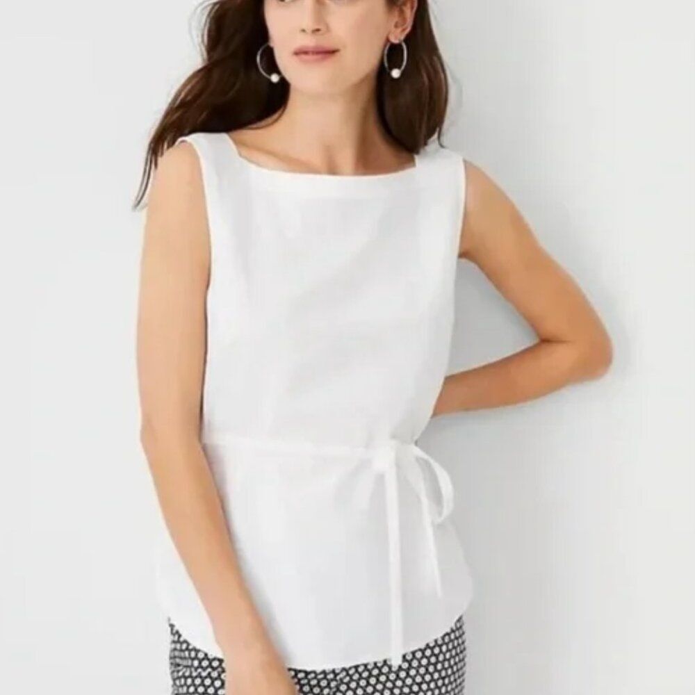 Ann Taylor Linen Blend Belted Popover Top – Crisp White | Size M - NWT